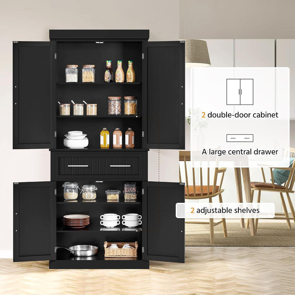 Yaheetech Kitchen Pantry Storage Cabinet with Drawer, Freestanding Pantry Cabinets with 2 Adjustable Shelves, 72.5" Tall Storage Cupboard for Kitchen/Dining Room/Bathroom/Hallway, Black