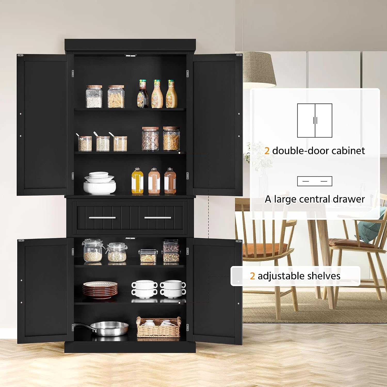 Yaheetech Kitchen Pantry Storage Cabinet with Drawer, Freestanding Pantry Cabinets with 2 Adjustable Shelves, 72.5" Tall Storage Cupboard for Kitchen/Dining Room/Bathroom/Hallway, Black