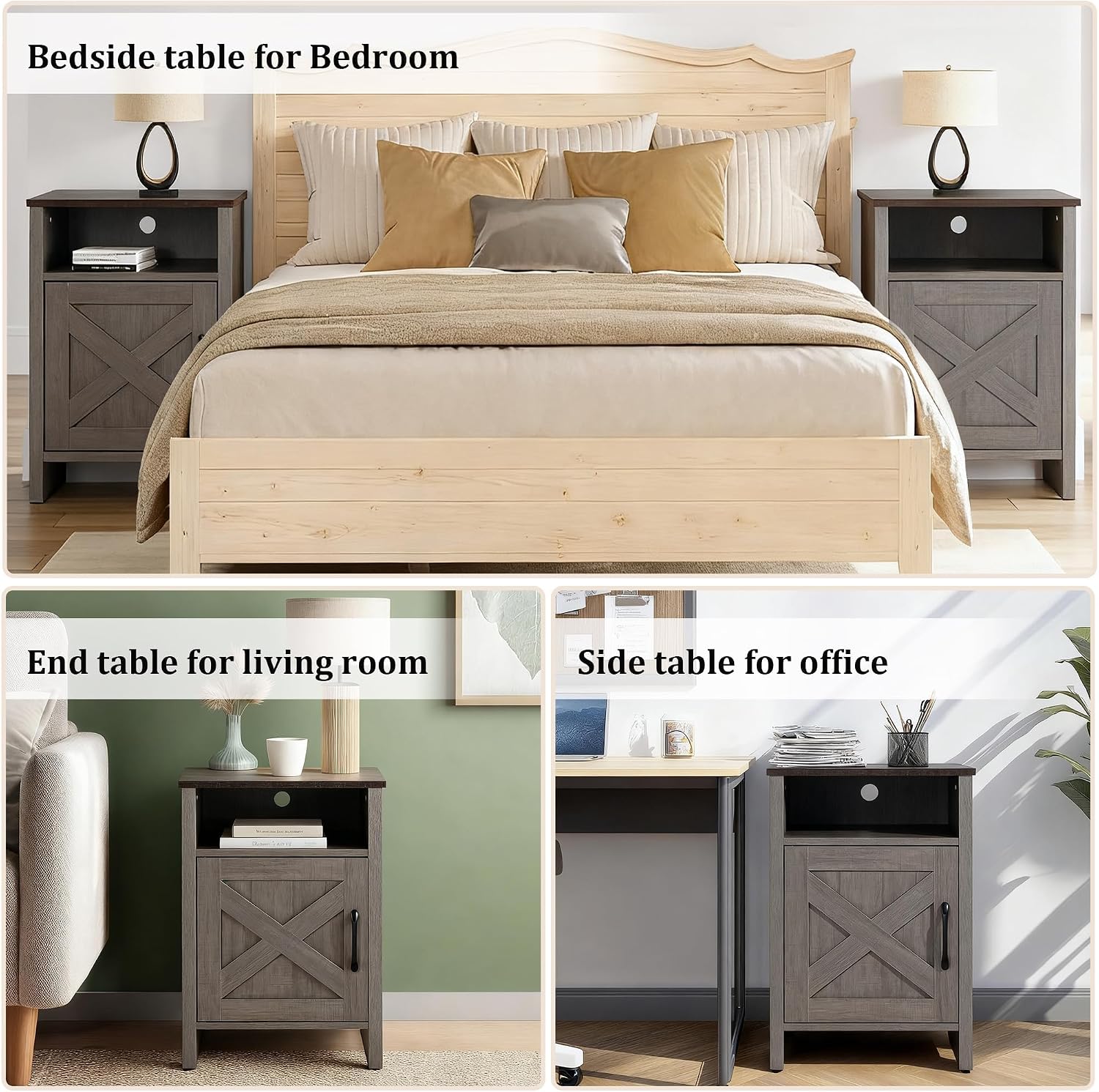 leovanni Farmhouse Nightstand Set of 2, Barn Door with Storage Shelf Rustic Wood Bedside Table, End Side Tables for Living Room, Bedroom, Office, Grey