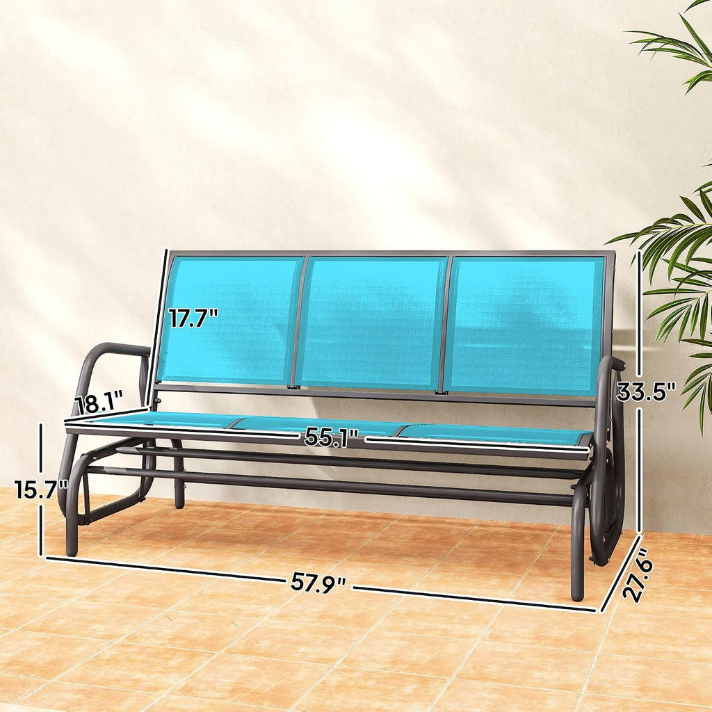 3-Person Outdoor Glider Bench – 660lb Weight Capacity, 57.9x27.6x33.5in Dimensions, Mesh Seat & Back, Blue Metal Construction