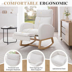 Teddy Fabric Rocking Chair with Adjustable Footstool, Nursery Rocker, High Backrest & Storage Pocket, White, 35.04"-49.21" D X 27.36" W X 40.16"-41.73" H