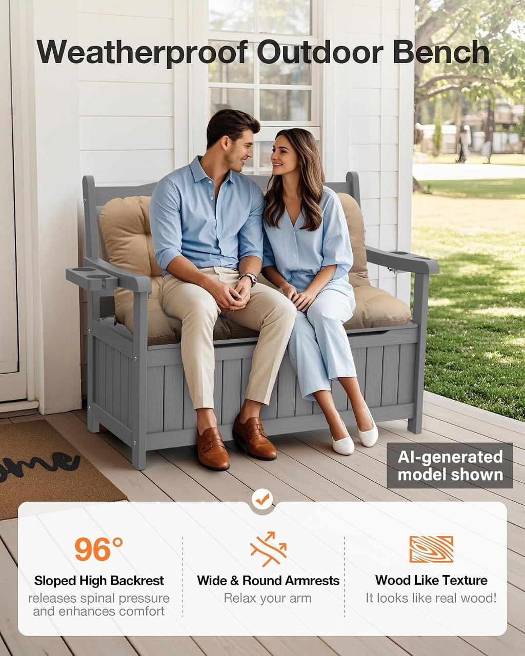 YEFU Outdoor Storage Bench for Patio: Heavy Duty Garden Bench with 96° High Backrest & Oversized Seating - Weatherproof HIPS Patio Benches with Storage for Porch Backyard Park Room, Grey