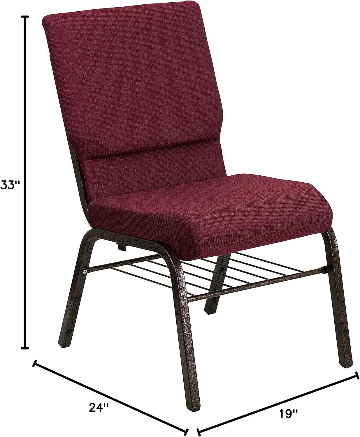 Flash Furniture 4 Pack HERCULES Series 18.5''W Church Chair in Burgundy Patterned Fabric with Book Rack - Gold Vein Frame