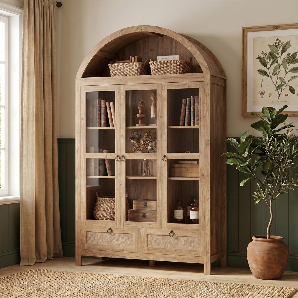 TYBOATLE 75'' Arched Cabinet Classic Farmhouse Design w/Three Glass Doors, Arch Cabinet w/Rattan Drawers and Anti-Tipping Device, Versatile Cupboard for Kitchen, Bathroom, Natural