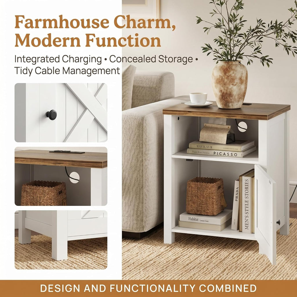 Amada Farmhouse Nightstand Set of 2 with Charging Station, Bedside Table with USB-C & USB Ports and AC Outlets, Wood End Table with Barn Door, Open Shelf & Cabinet Storage for Bedroom, White & Brown
