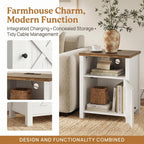 Amada Farmhouse Nightstand Set of 2 with Charging Station, Bedside Table with USB-C & USB Ports and AC Outlets, Wood End Table with Barn Door, Open Shelf & Cabinet Storage for Bedroom, White & Brown