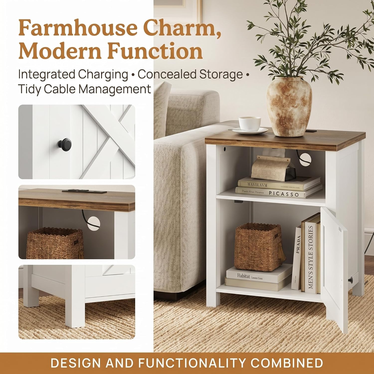 Amada Farmhouse Nightstand Set of 2 with Charging Station, Bedside Table with USB-C & USB Ports and AC Outlets, Wood End Table with Barn Door, Open Shelf & Cabinet Storage for Bedroom, White & Brown