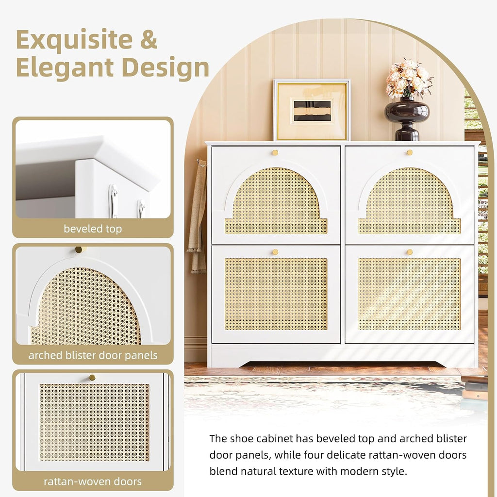 Freestanding Shoe Rack, Tipping Bucket Shoe Cabinet with 4 Flip Drawers, Elegant Entryway Shoe Organizer with 4 Rattan Doors,for Kitchen Home