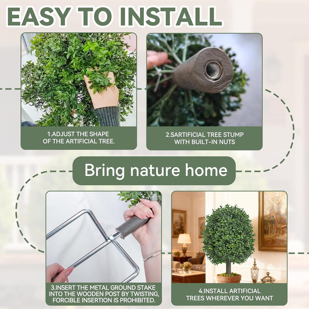 Artificial Boxwood Topiary Trees Outdoor Set of 2, UV Resistant Faux Outdoor Plants with Real Wood Trunk & Metal Ground Stakes, Wind Resistant Boxwood Ball Bushes for Front Porch Patio Entryway Decor