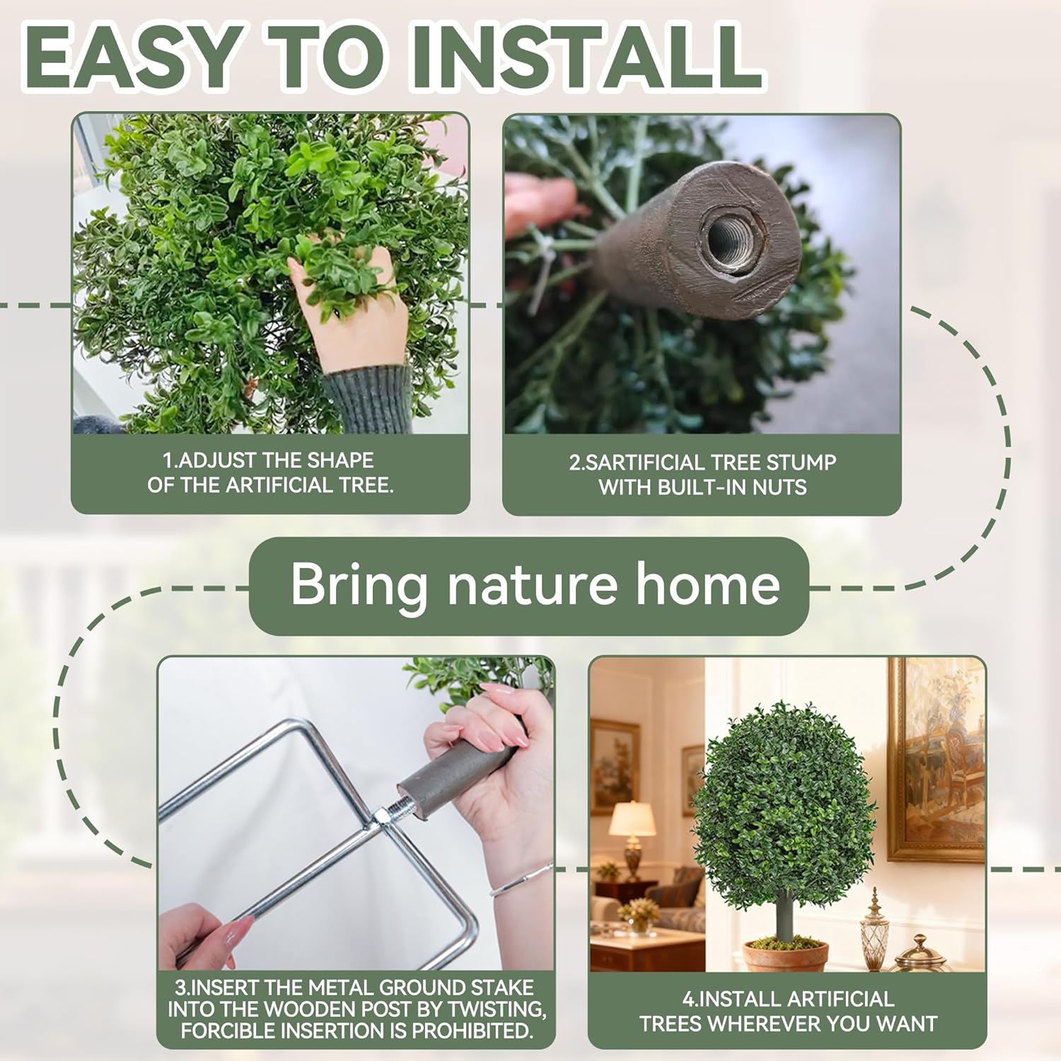Artificial Boxwood Topiary Trees Outdoor Set of 2, UV Resistant Faux Outdoor Plants with Real Wood Trunk & Metal Ground Stakes, Wind Resistant Boxwood Ball Bushes for Front Porch Patio Entryway Decor