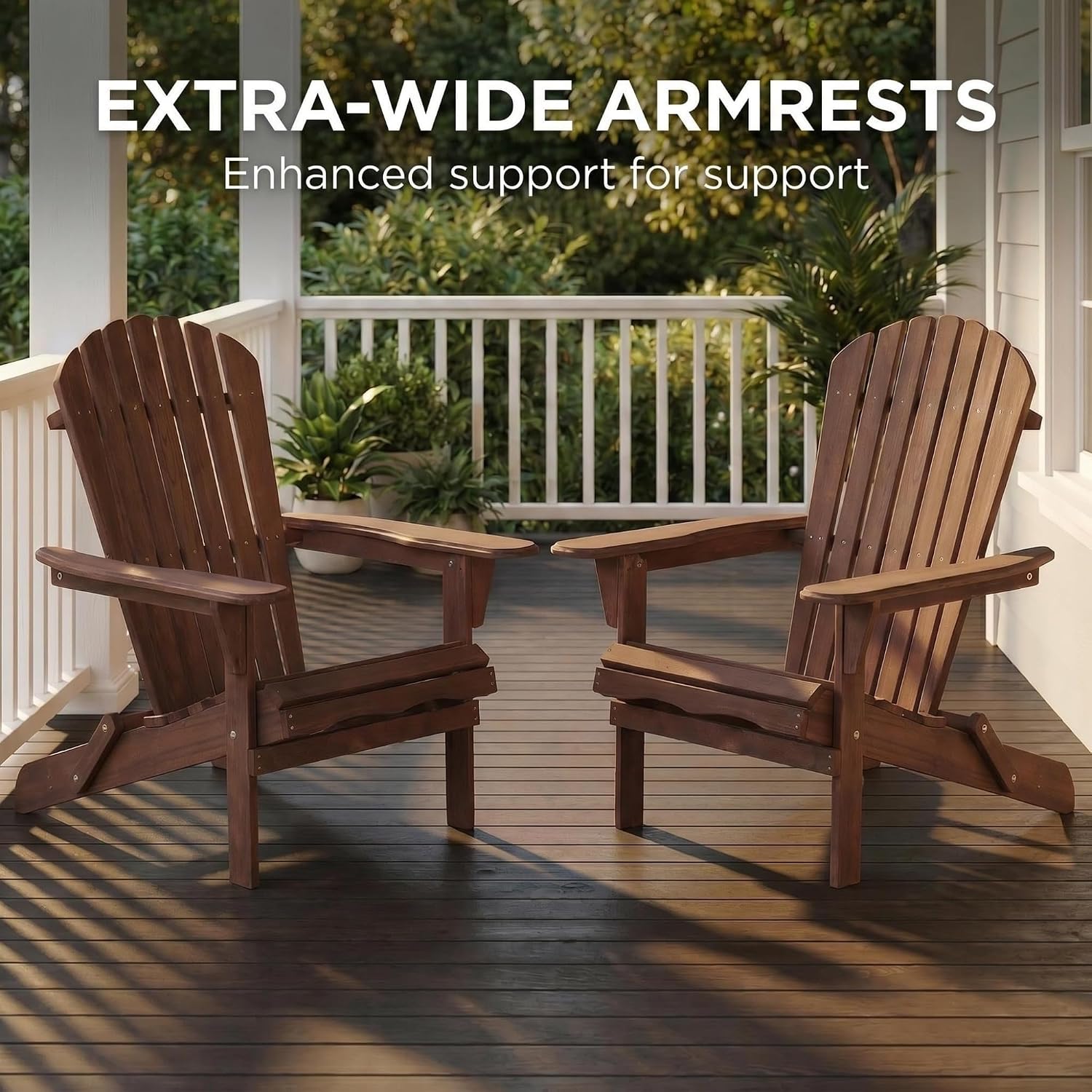 Folding Adirondack Chairs Set of 2 with Pre-Assembled BackRest, Solid Wood Outdoor Lawn Chair Lounge Patio Chair for Garden Backyard Porch Fire Pit, Dark Brown