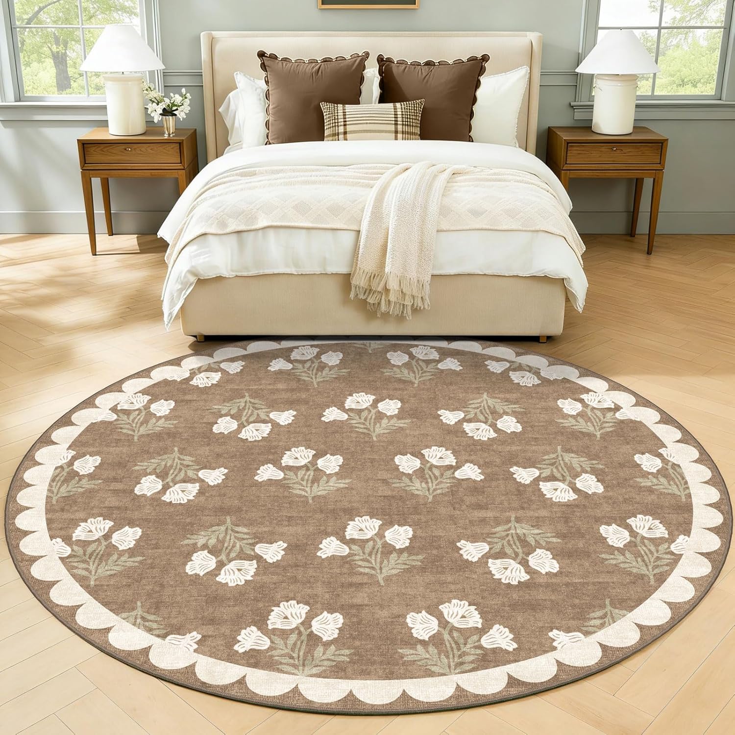 Tan 6ft Round Area Rug for Living Room - Large Washable Floral Neutral Farmhouse Scalloped Circle Rug for Bedroom Stain Resistant Dining Room Rugs for Under Round Table Carpet for Living Room