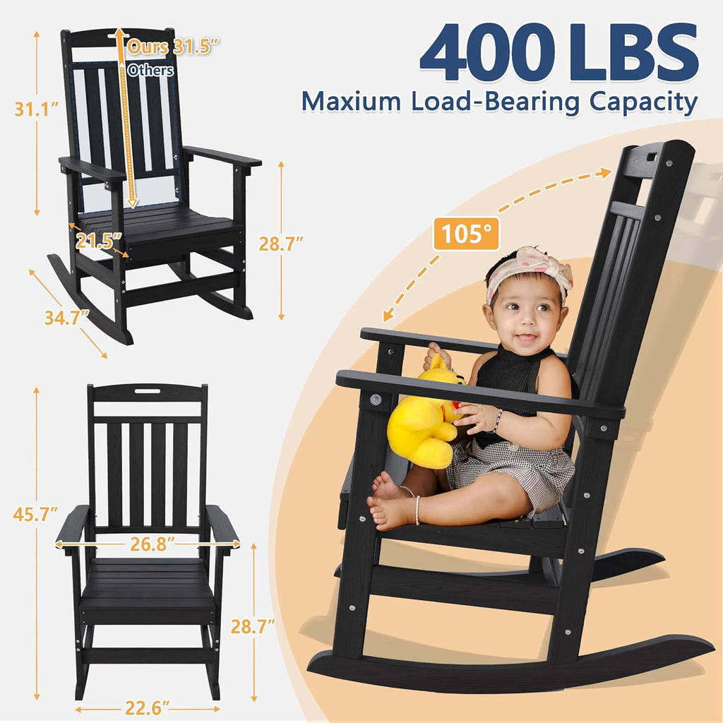 Outdoor Oversized Rocking Chairs Set of 2, HDPE All-Weather Resistant, Front Porch Rockers, Black