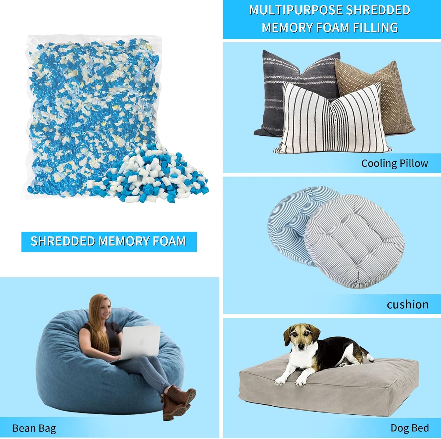 55LBS Shredded Memory Foam Filling Bean Bag Filler, Added Gel Particles Comfortable and Soft,Very Suitable for Filling Bean Bags, Pillows,Dog beds, Couch Cushion