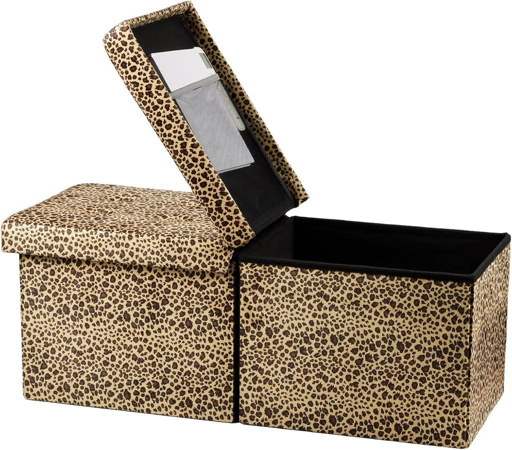 Bsketa Storage Ottoman Bench with Folding Lid Ⅲ, Foot Stools Opens on Both Ends, Footrest Foldable Velvet Chest for Living Room, Bedroom, Entryway, End of Bed Storage Blanket Ottomans Leopard Print