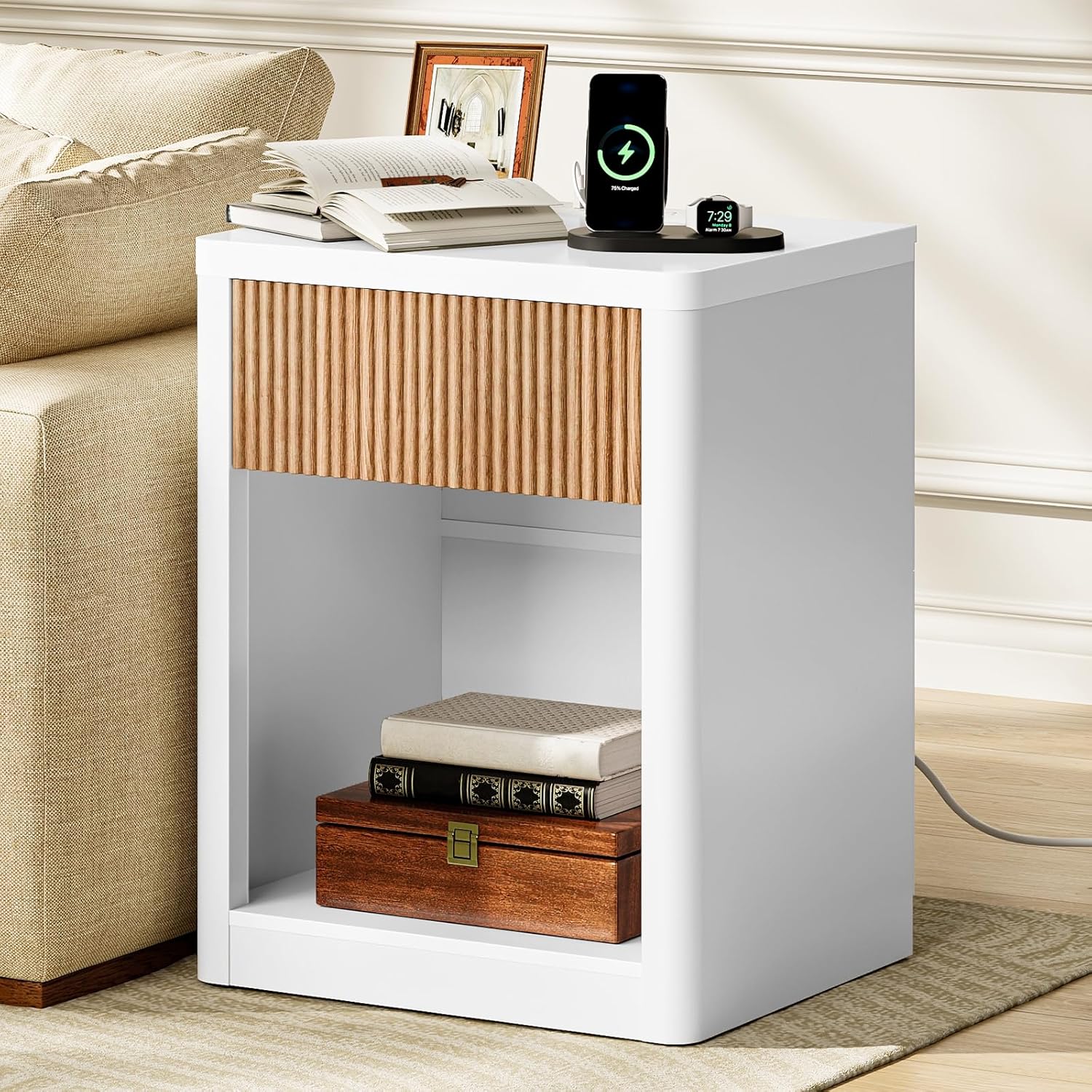 CHOEZON Fluted Nightstand with Charging Station, 19" Wide Side Table with Drawer, Bedside Table with Open Compartment, End Table Sofa Side Table for Bedroom, White and Natural MBZ14UWN