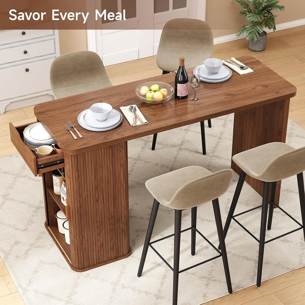 ONBRILL 59 Inch Kitchen Island with Storage, Fluted Counter Height Table, Mid-Century Modern Kitchen Island Table with Sliding Door, Home Bar Tables with Wine Rack and Drawers Walnut