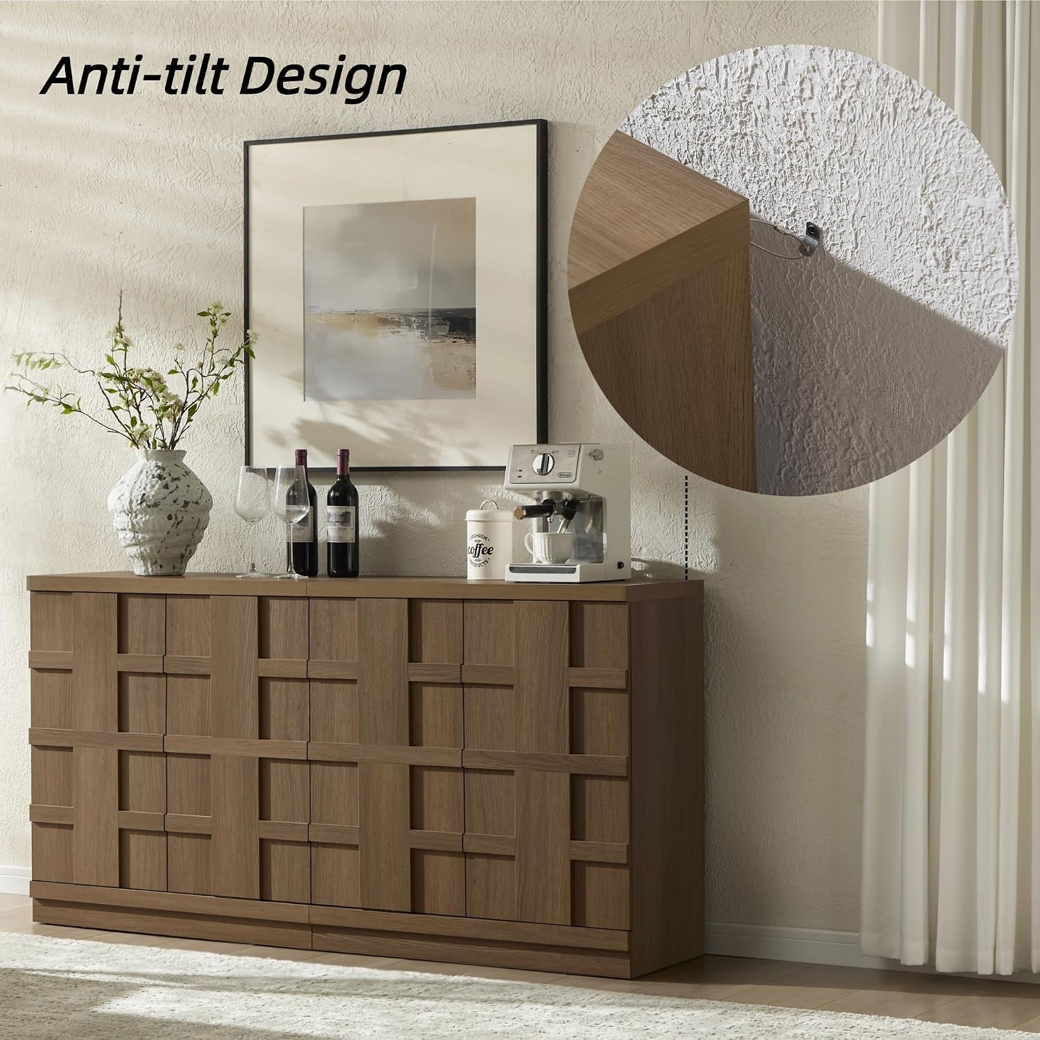 VividVibe Buffet Cabinet Sideboard with Storage, 93.9”Large 3D Woven Texture Credenza with 6 Pop-up Doors, Long Coffee Bar Cabinet Mid Century Modern for Entryway Living Room Brown Oak