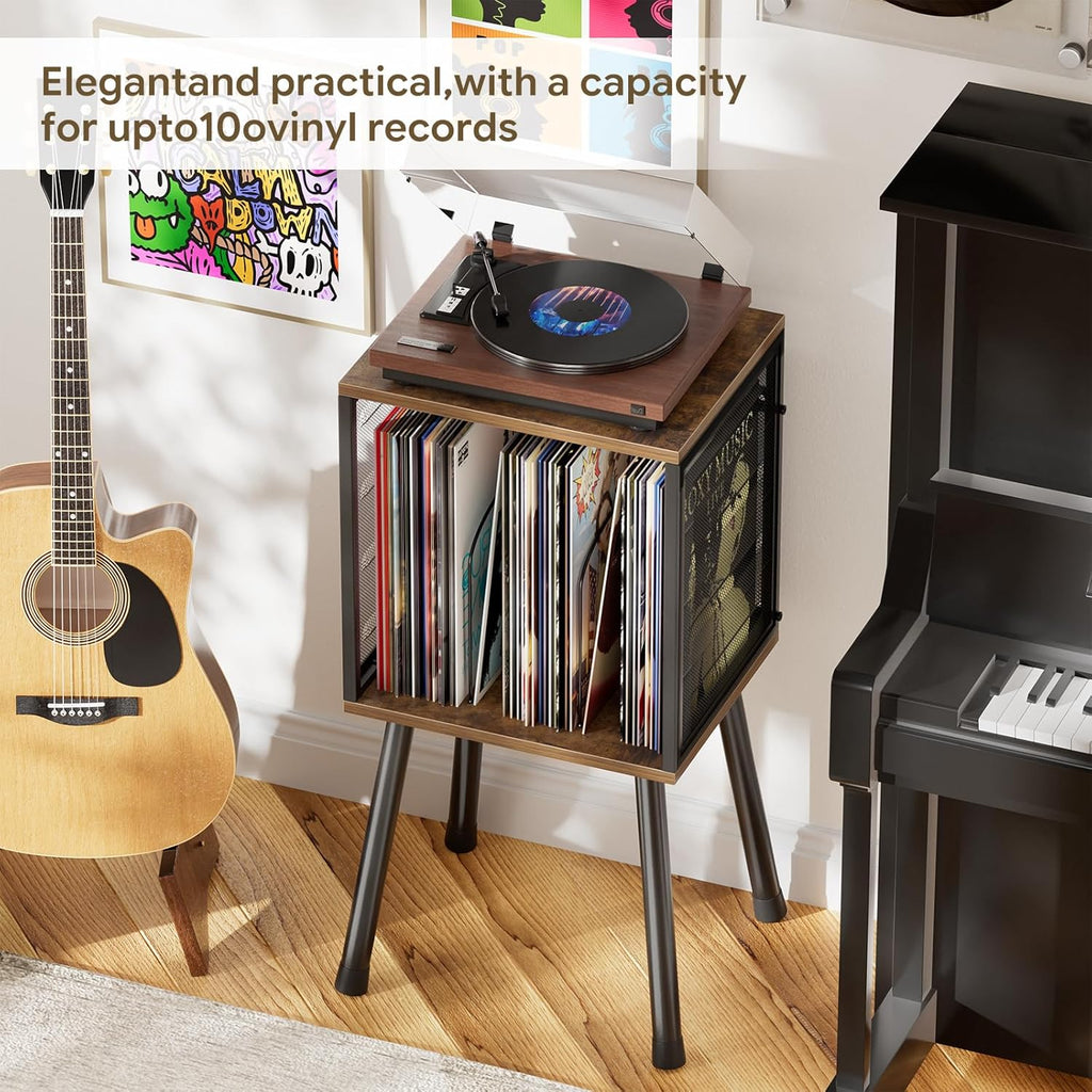 Simple Trending Record Player Stand, Storage up to 100 Albums, Vinyl Record Holder with Storage Shelf, Adjustable Divider, Rustic Brown