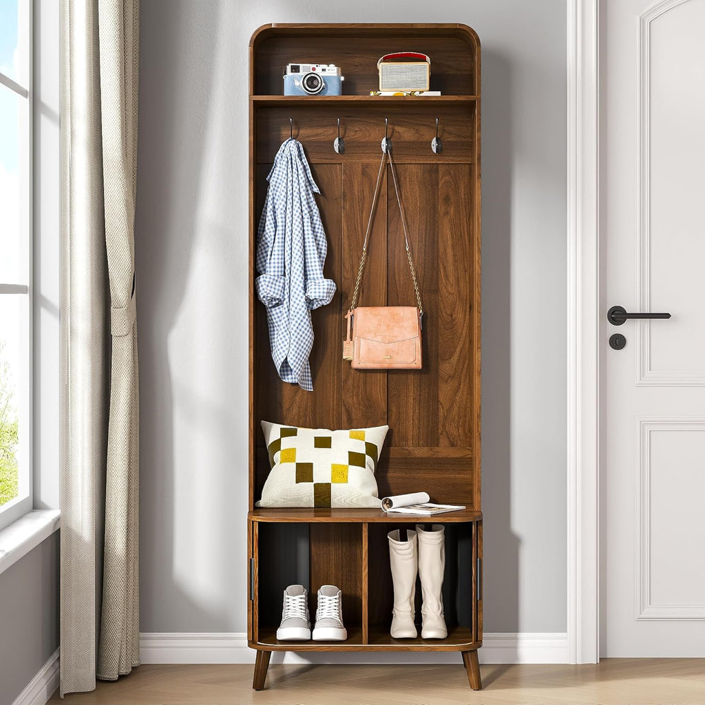 LUVIOHOME Hall Tree with Shoes Bench and Storage, Entryway 66.9" Storage Bench with Coat Rack，Arch Coat Rack with 4 Hooks and 2 Fluted Doors，Multi-Purpose Home Organizer (Walnut)