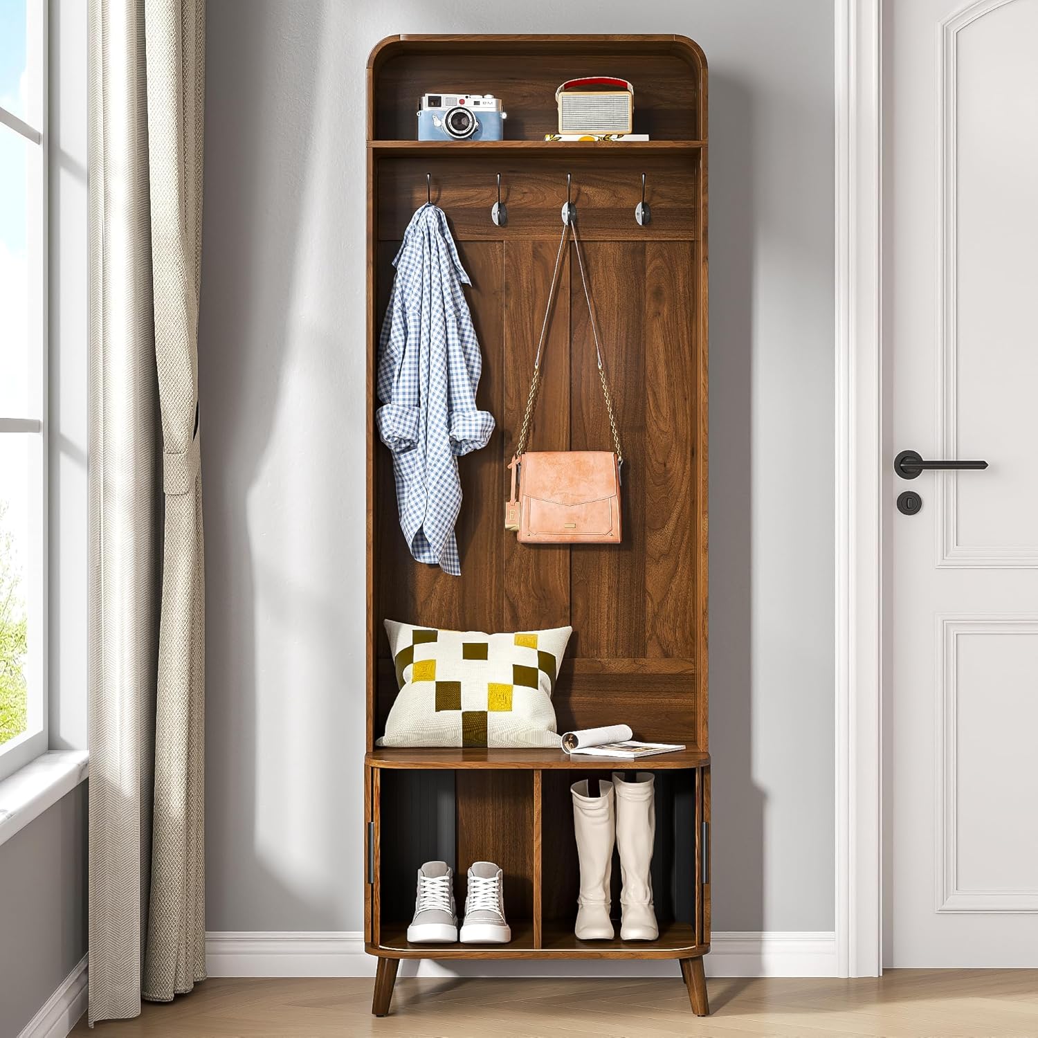 LUVIOHOME Hall Tree with Shoes Bench and Storage, Entryway 66.9" Storage Bench with Coat Rack，Arch Coat Rack with 4 Hooks and 2 Fluted Doors，Multi-Purpose Home Organizer (Walnut)