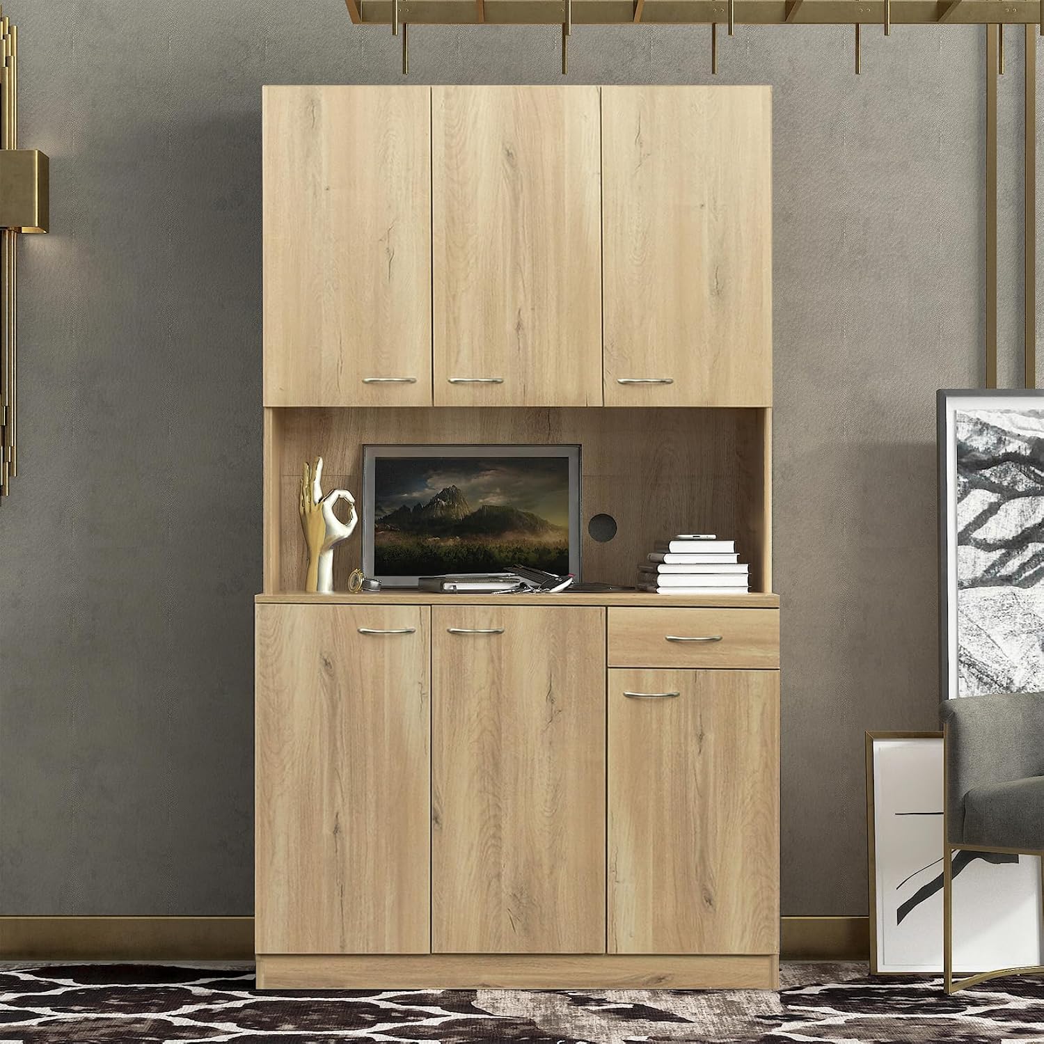 39.37" W Kitchen Pantry Cabinet, Freestanding Farmhouse Storage Cabinet with 6 Door and 1 Drawer, Tall Cupboard for Kitchen, Living Room, Dining Room and Bathroom, Rustic Oak