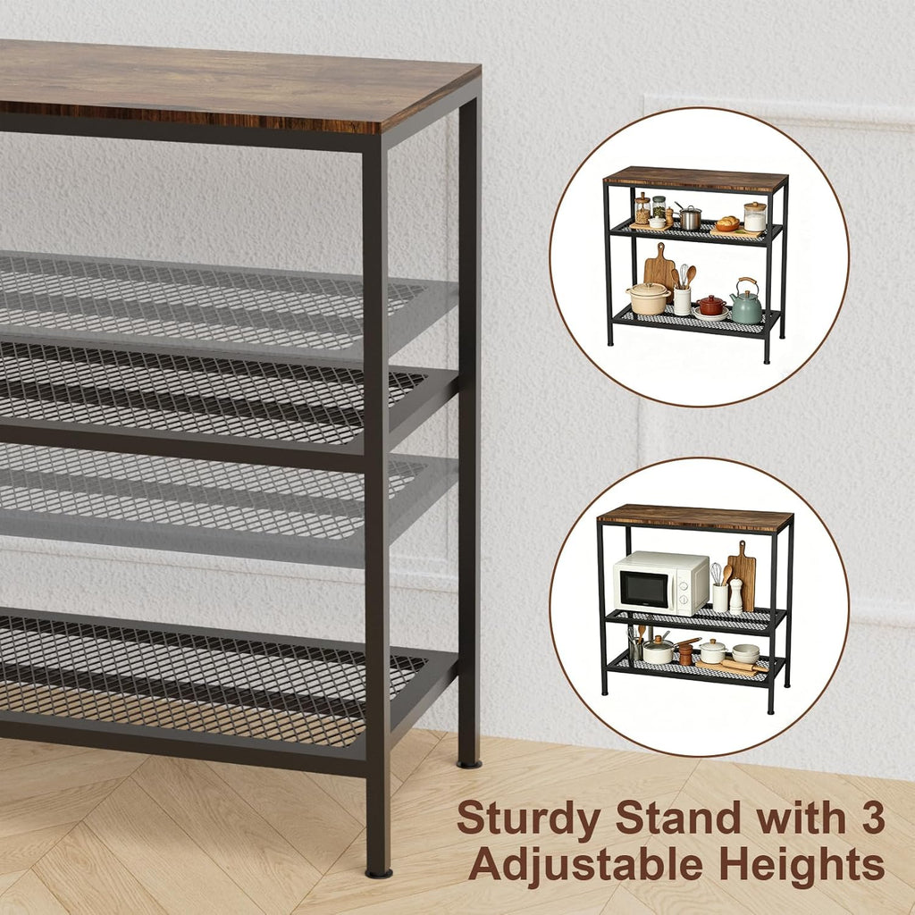 Kitchen Island with 3 Tier Storage, Height-Adjustable Kitchen Shelf, Microwave Stand for Dining, Sturdy Metal Frame, 30.7" L x 13.77" D x 31.51" H,Rustic Brown and Black