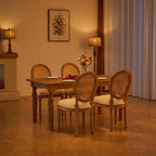 Nrizc Farmhouse Fabric Dining Room Chairs Set of 6, French Chairs with Round Back, Woven Rattan Dining Chair, Oval Side Chair for Dining Room/Kitchen/Restaurant