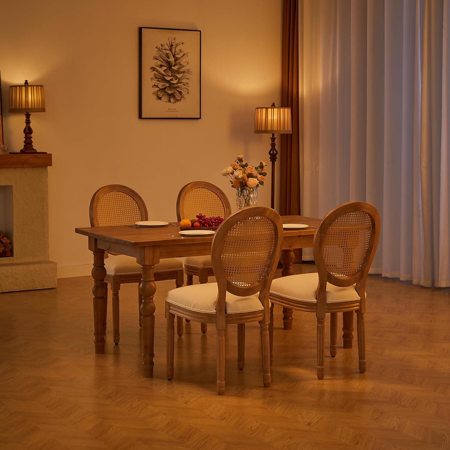 Nrizc Farmhouse Fabric Dining Room Chairs Set of 6, French Chairs with Round Back, Woven Rattan Dining Chair, Oval Side Chair for Dining Room/Kitchen/Restaurant