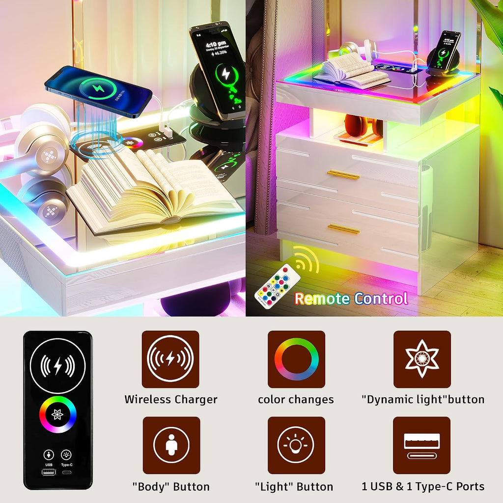 WOOVIVS Smart Nightstand with RGB Lights&Charging Station for Bedroom-White