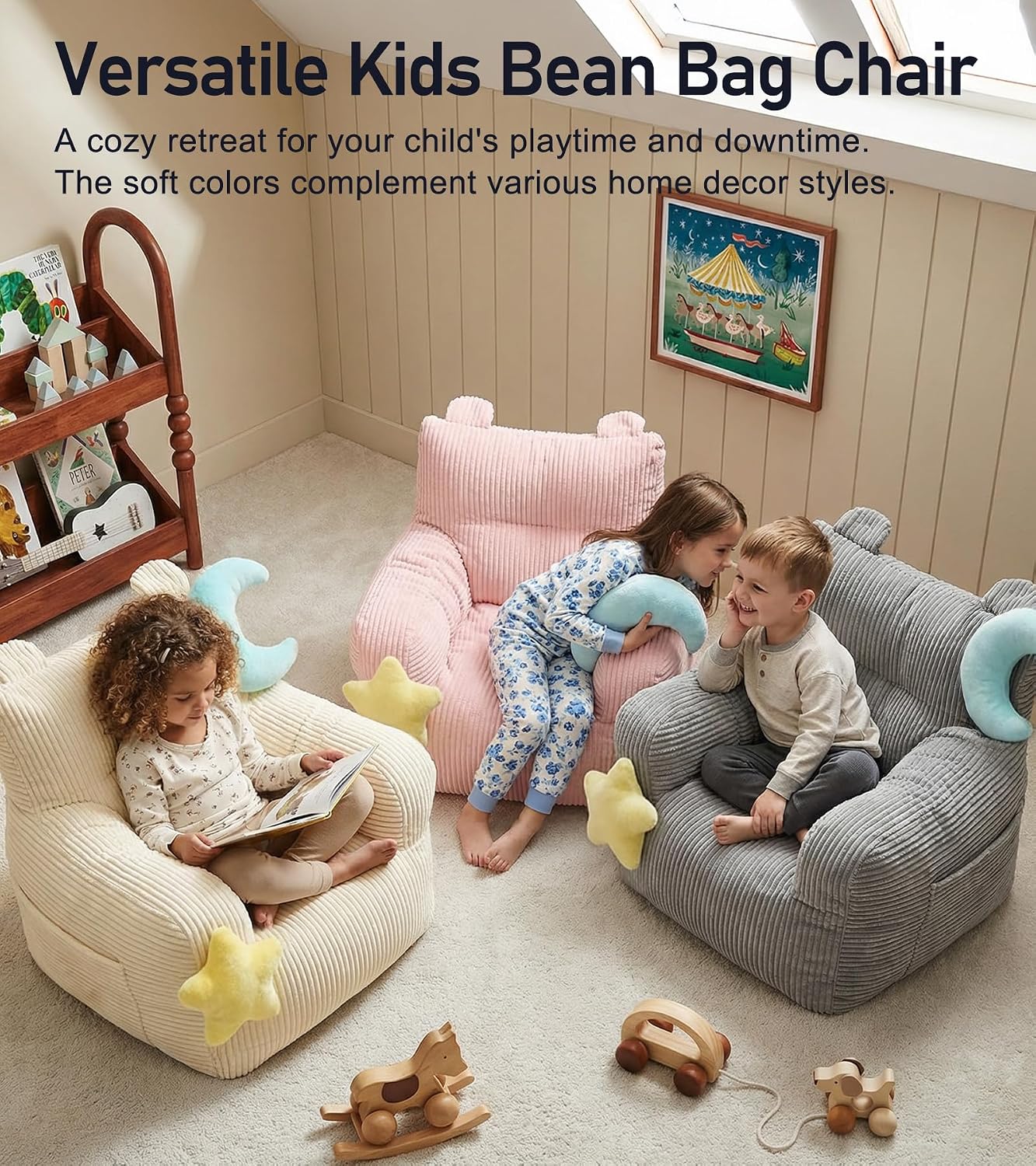 little dove Bean Bag Chairs for Kids, Comfy Bean Bag Chair with 2 Plush Toys, Toddler Chair with Pocket, Stuffed Lazy Sofa with Filler for Boys and Girls, Kids Chairs for Gaming, Reading, Beige