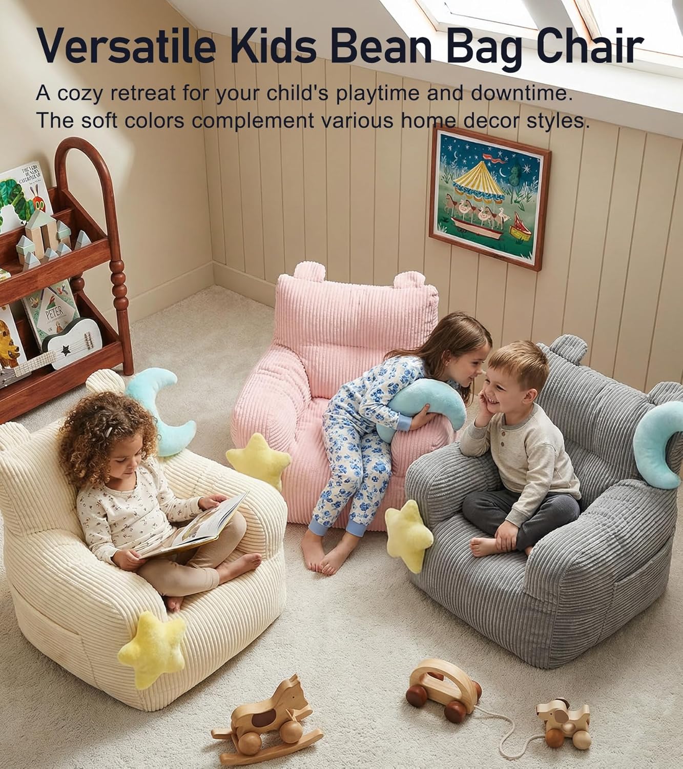 little dove Bean Bag Chairs for Kids, Comfy Bean Bag Chair with 2 Plush Toys, Toddler Chair with Pocket, Stuffed Lazy Sofa with Filler for Boys and Girls, Kids Chairs for Gaming, Reading, Pink