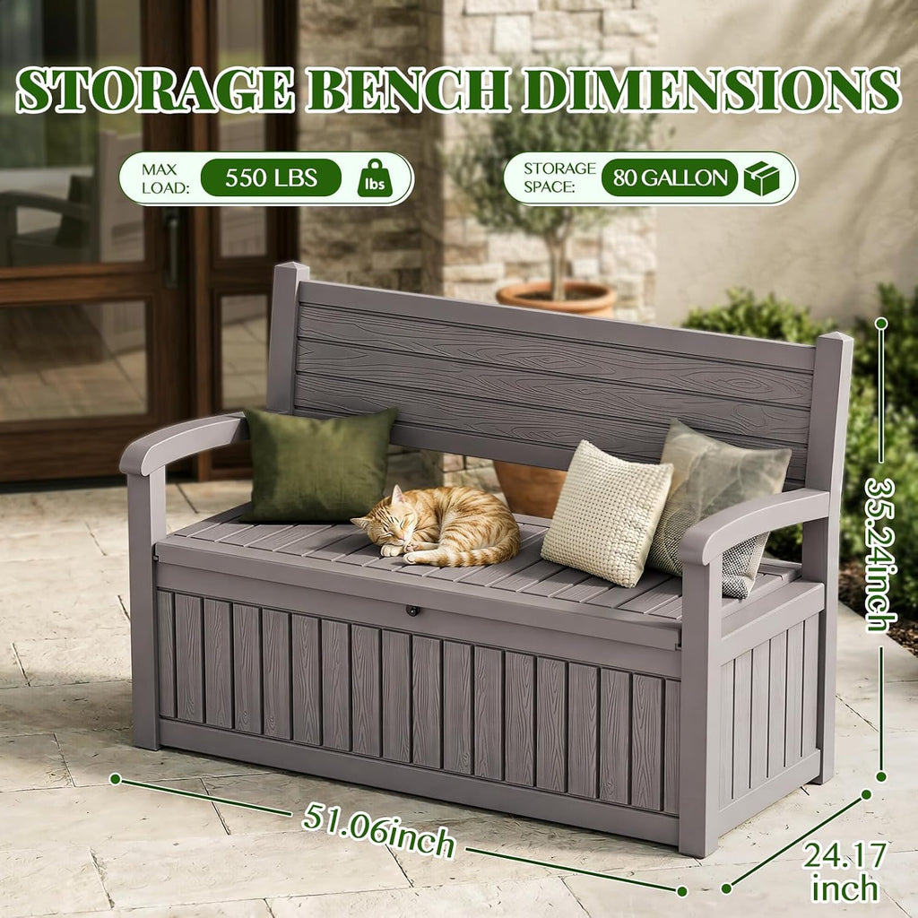 Vixzen 80 Gallon Outdoor Storage Bench, Lockable All-Weather Resin Seating with Hidden Storage Deck Box, Waterproof Patio Furniture for Pool Garden (Grey-Wood Grain)