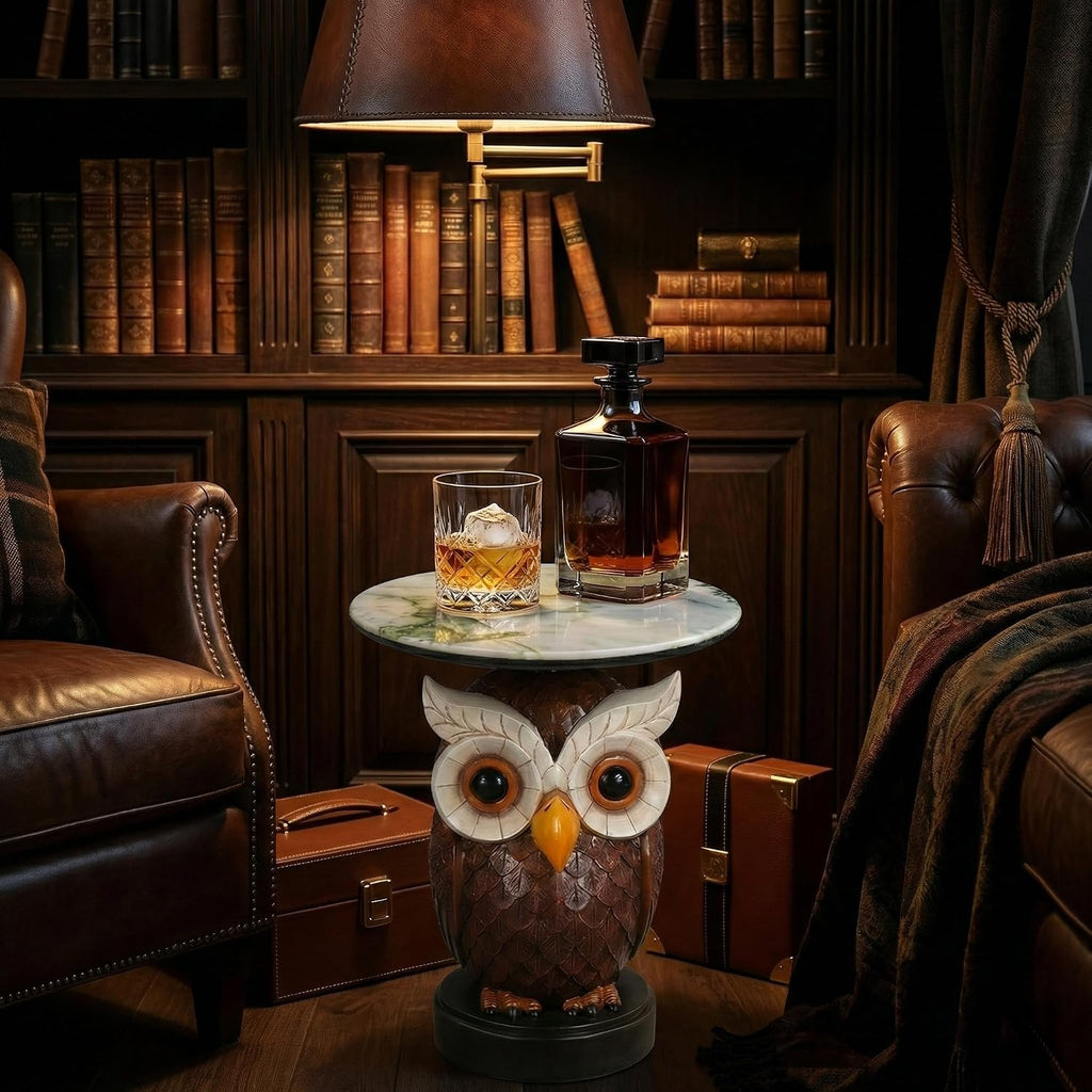 Virubi Owl Accent Table Animal Statue End Table, Round Faux Marble Top Side Table, Durable Resin Decorative Table for Living Room Office Entryway