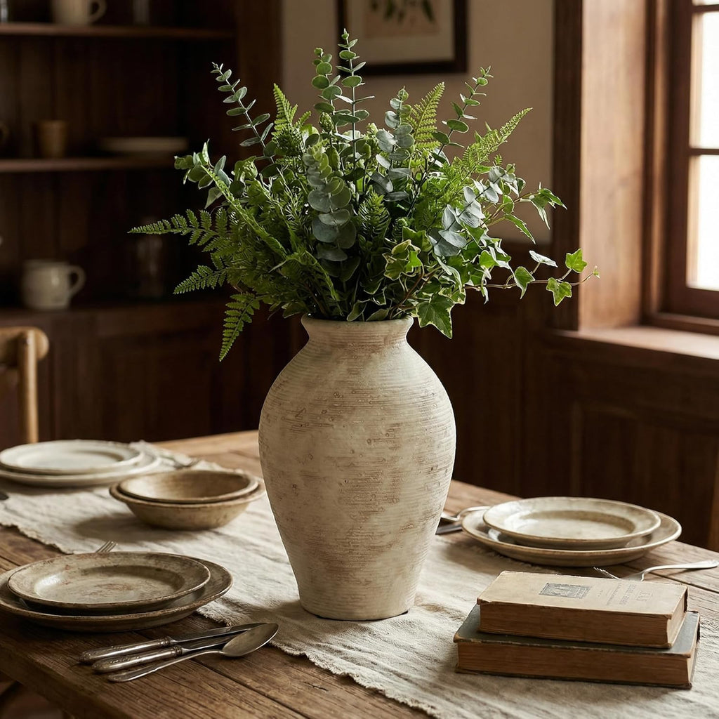 9 Inch Vintage Large White Ceramic Flower Vase | for Living Room, Dining Room, Bathroom Indoor & Outdoor Home Decor