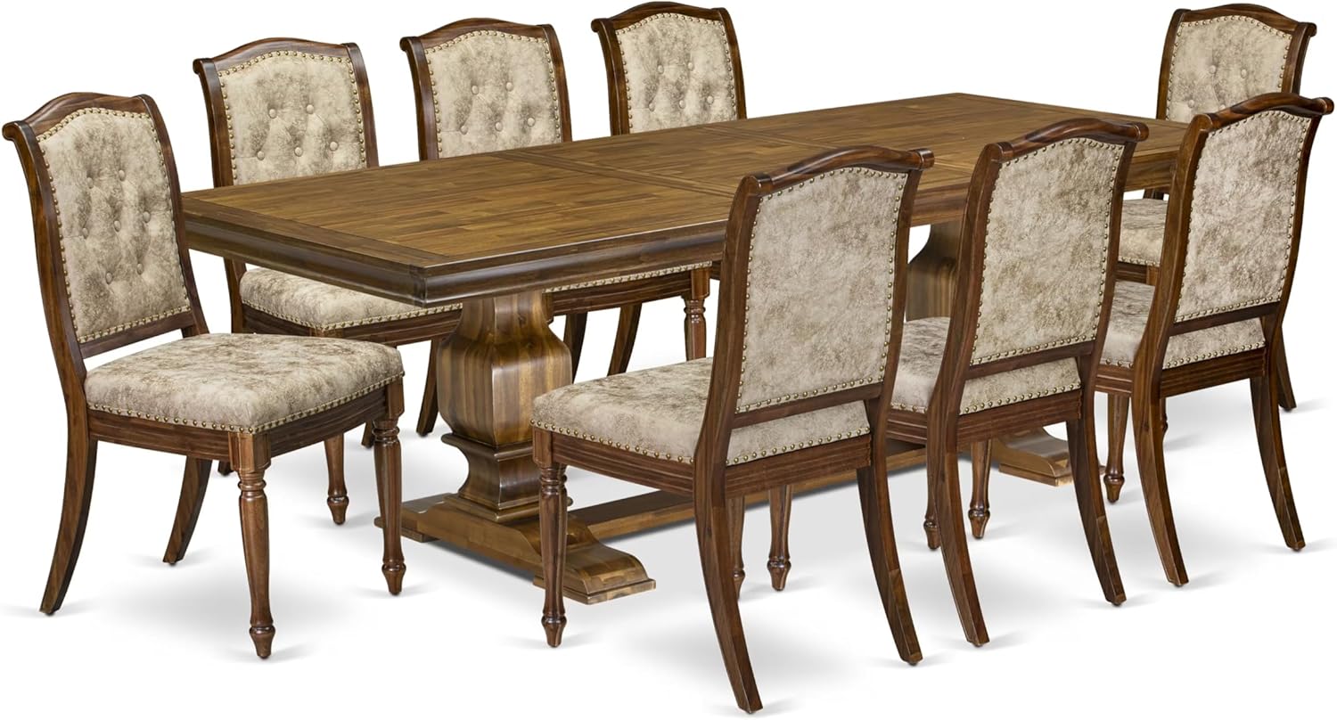 LKMA9-AWA-36 9 Pieces Dining table set includes a Rectangular Dining Table and 8 Light Beige Polyester Fabric Dining Room Chairs, Antique Walnut finish