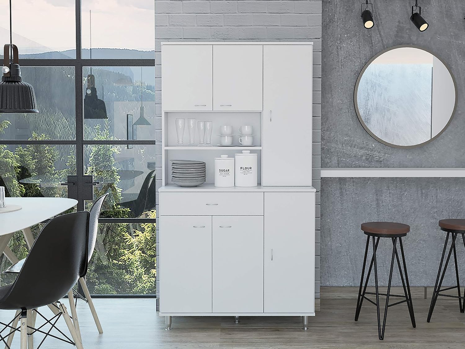 90 Kitchen Pantry Cabinet,Two Open Shelves,One Drawer,Multiple Cabinets,for Kitchen,Dining Room,White,35.4 * 13.7 * 66.5