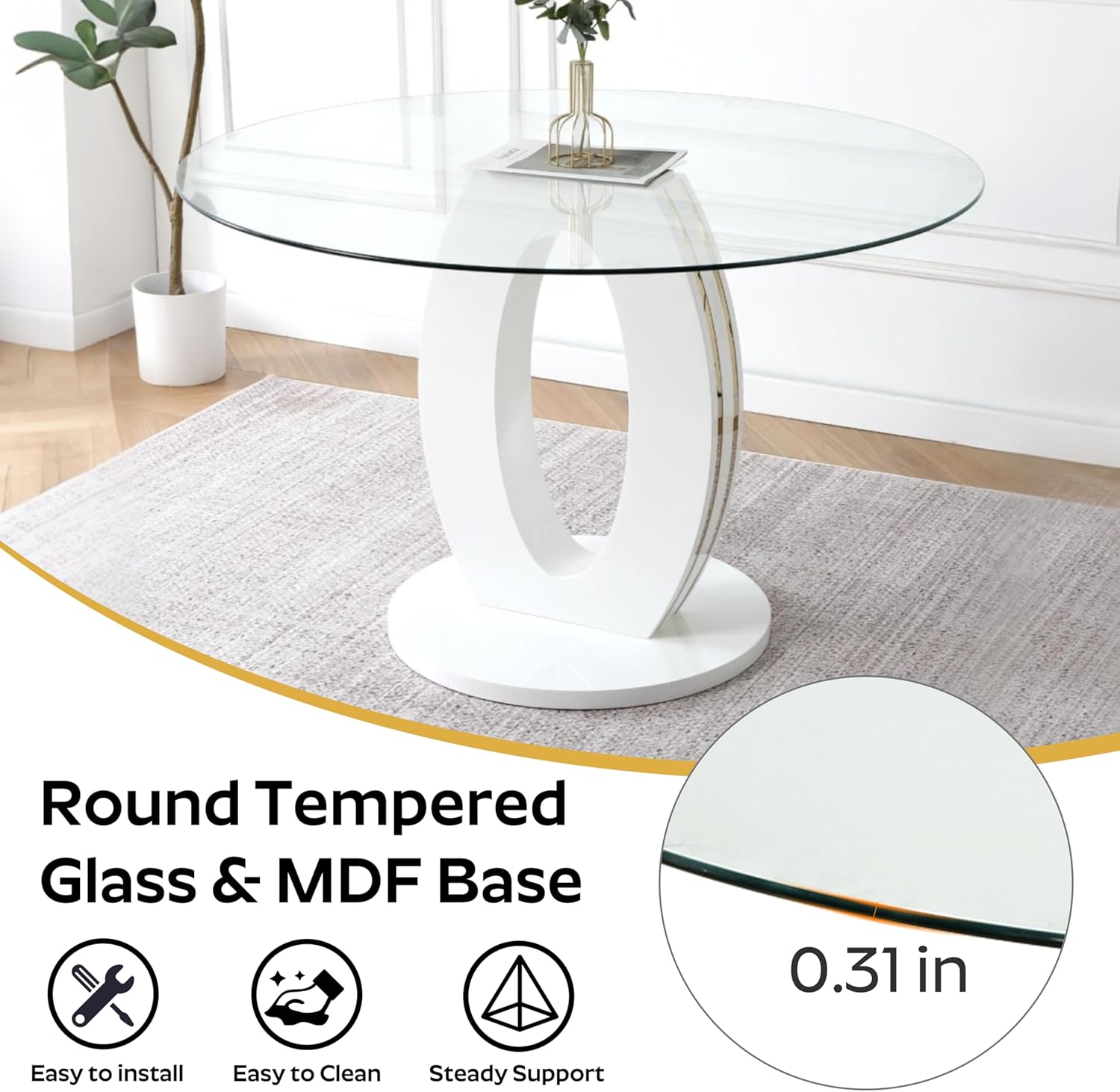 RGZ Modern 39" Clear Glass Round Dining Table Set, 5 PCS Luxury Circle Glass Top Kitchen Table with Gold Decorative Strips & 4 Beige High-end Tufted Chairs for Apartment Home Dining(White Base)