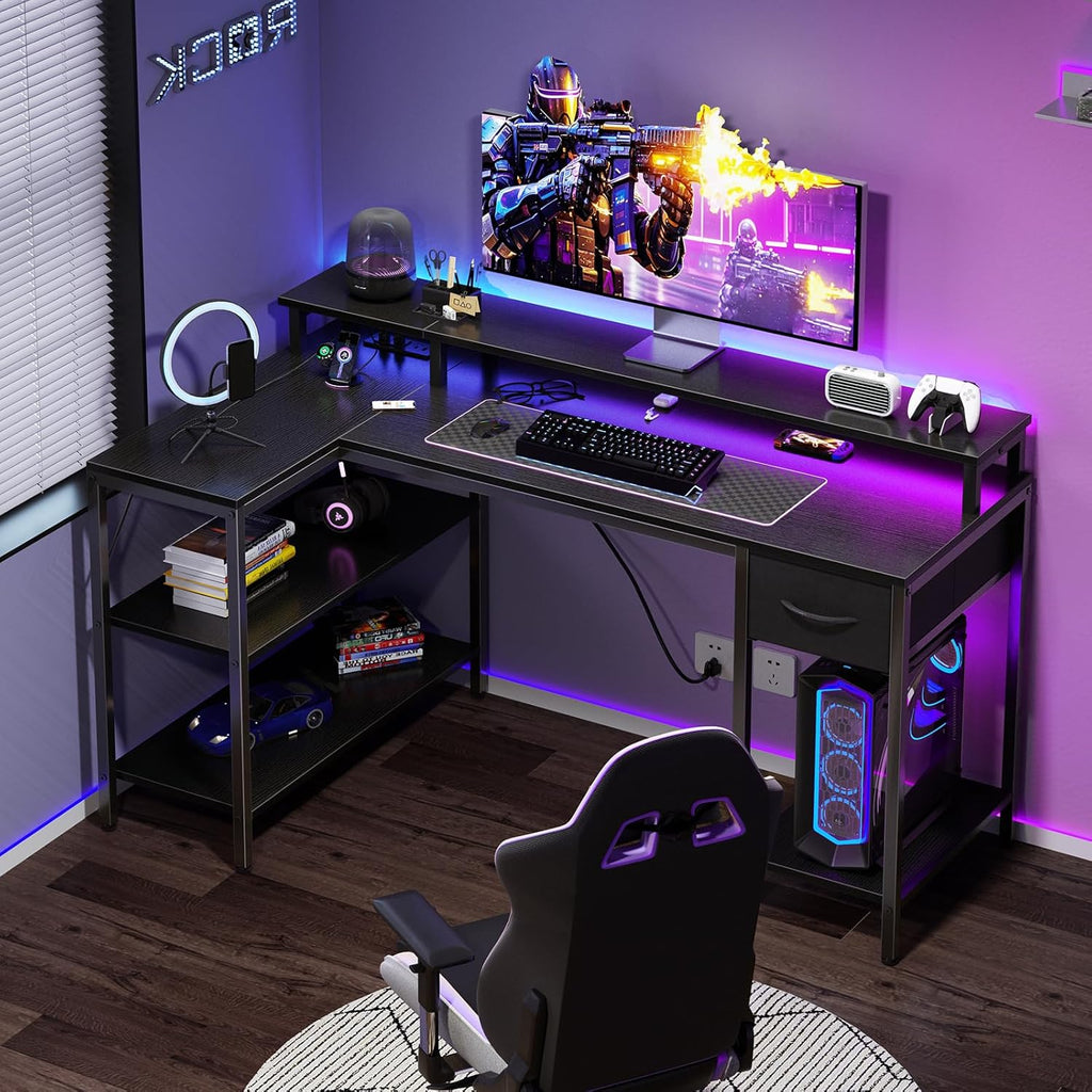 DUMOS 47" Gaming Desk with USB Charging Ports & LED Lights, Reversible L-Shaped Corner Computer Table for Small Spaces, Power Outlets, Monitor Stand & Storage Shelves Included, Black