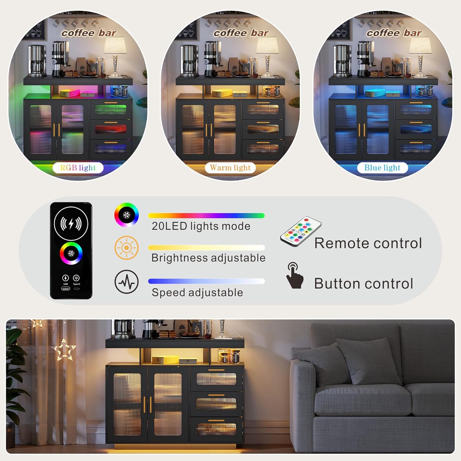 HWB Coffee Bar Cabinet with Storage, Buffet Sideboard with RGB Light, Modern Coffee Bar Table with Charging Station, Black