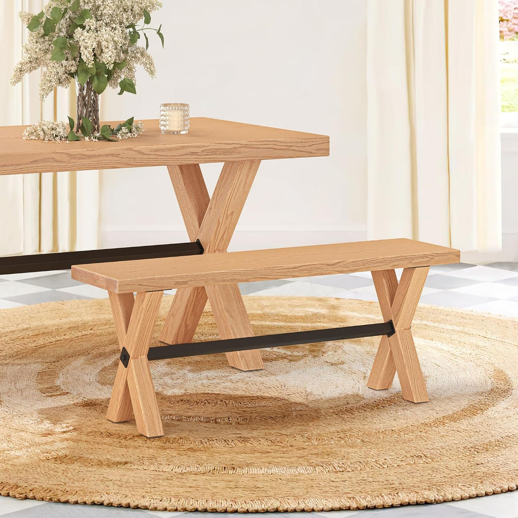 LUE BONA 47 inch Dining Bench with Solid Wood, Farmhouse Kitchen Bench with Natural Wood Grain, Heavy Duty Rectangular Kitchen Dining Chair for Home and Dining Room, Oak Grain-Natural Color