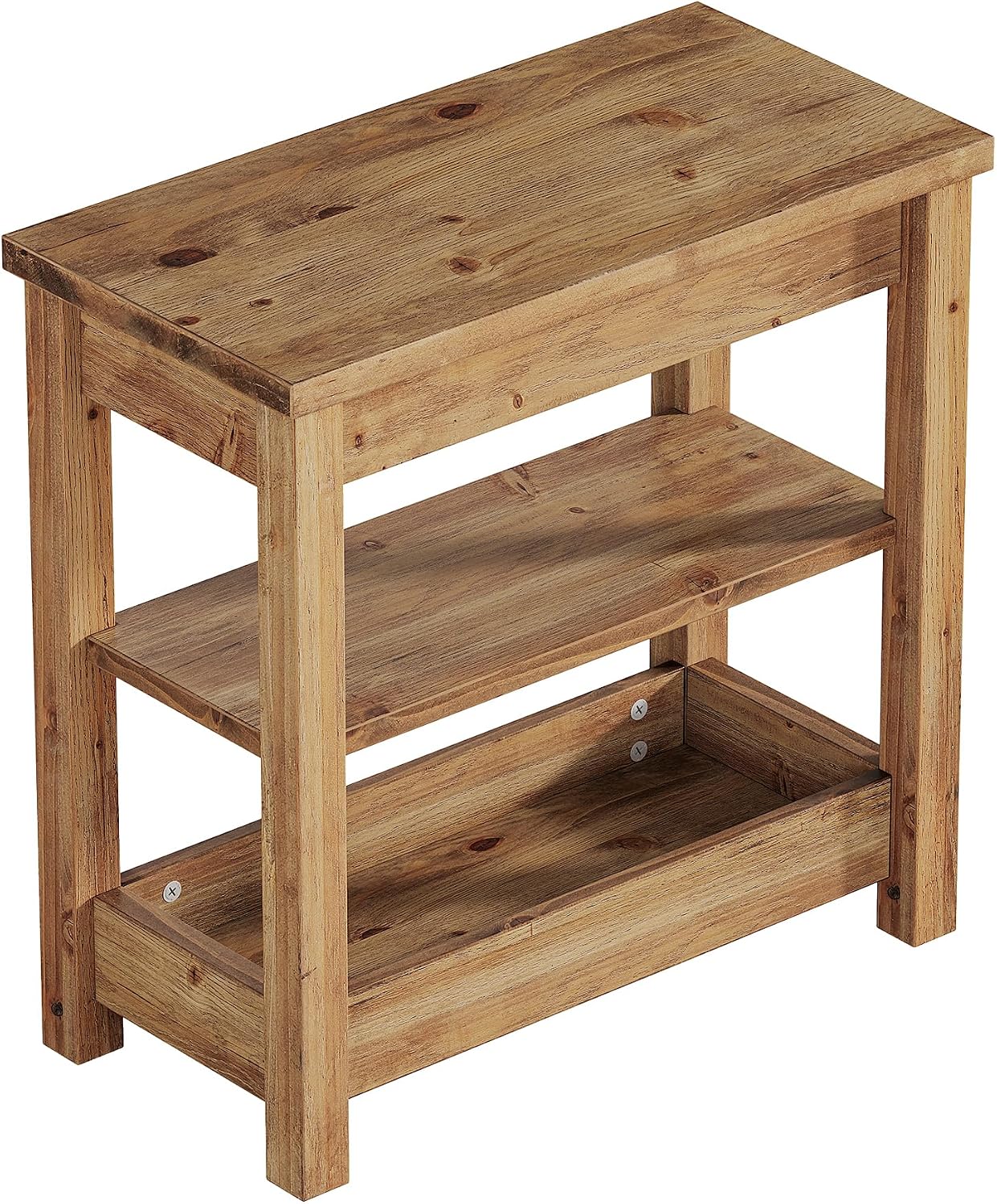 Solid Wood End Table, Farmhouse Narrow Sofa Side Table with 3-Tier Storage Shelf, Small Rectangular Nightstand for Living Room, Bedroom, Small Space, Space-Saving, Brown