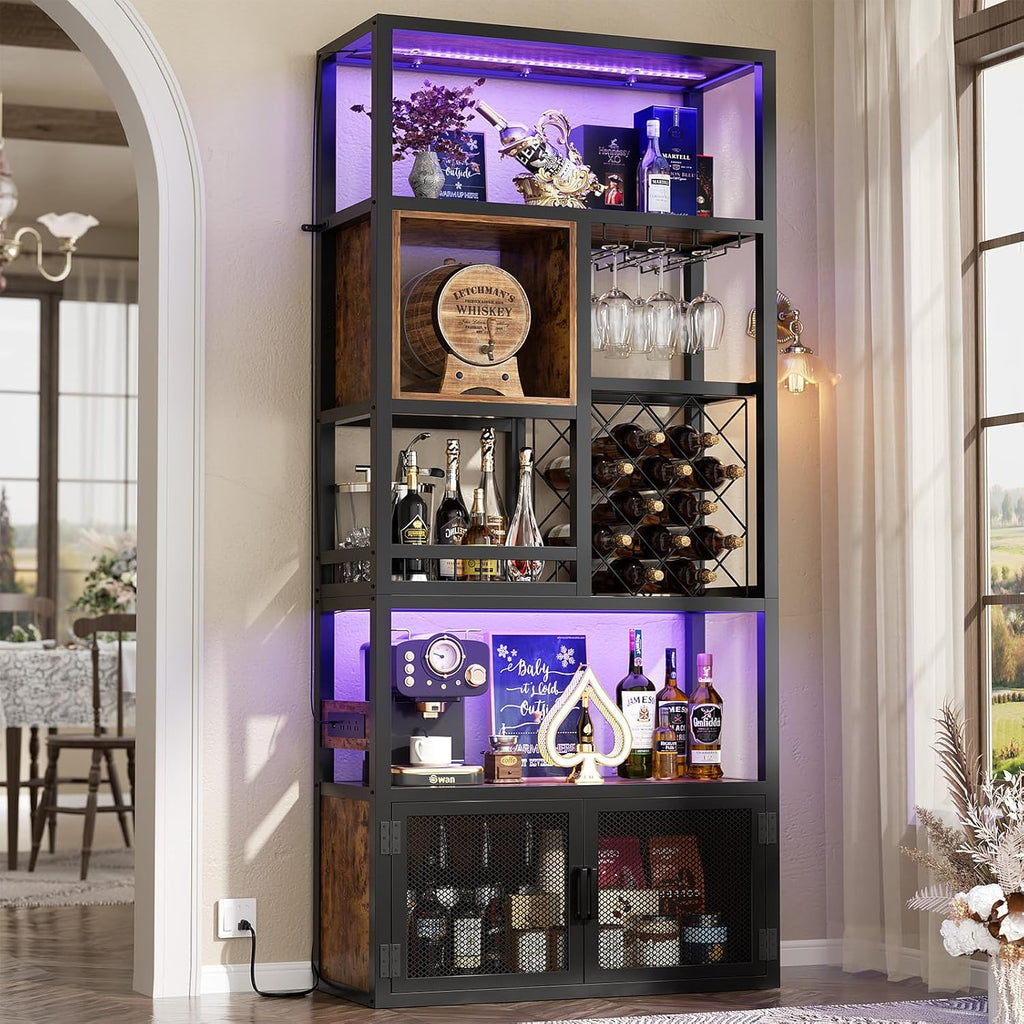 Armocity 82.6" Tall Bar Cabinet with Power Outlets & LED Lights, Liquor Cabinet Bar for Home, Reversible Coffee Station Wine Cabinet with Glass Holder & Wine Rack for Small Space, Rustic Brown