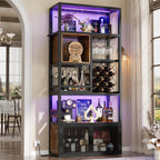 Armocity 82.6" Tall Bar Cabinet with Power Outlets & LED Lights, Liquor Cabinet Bar for Home, Reversible Coffee Station Wine Cabinet with Glass Holder & Wine Rack for Small Space, Rustic Brown