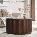 JXQTLINGMU 33" Round Coffee Table with Storage, Fluted Drum Coffee Table, Hidden Push-to-Open Drawer, Natural Walnut