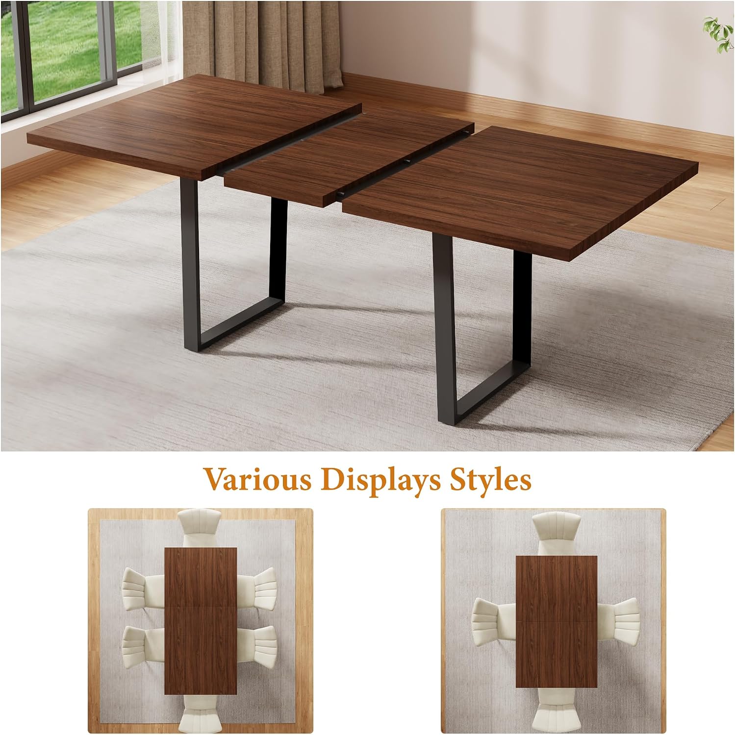 ZckyCine Mid-Century Extendable Dining Table Set, 63"-79", 6 Upholstered Chairs