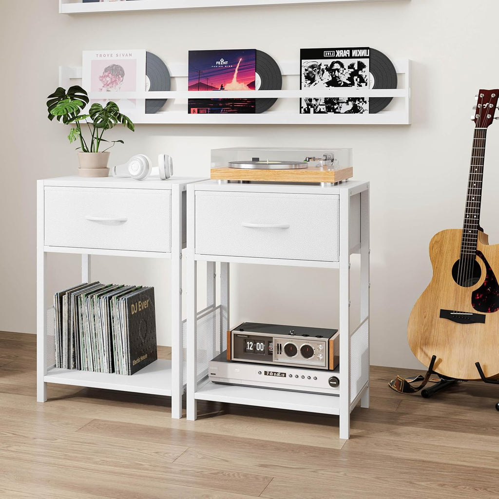 YAUKOMEL Nightstand Set of 2,End Table with Fabric Drawer,Side Table Set of 2,Storage Shelf,Bedside Table with Open Shelf,Sofa Table for Living Room,Bedroom,Small Space White CTG70W-2
