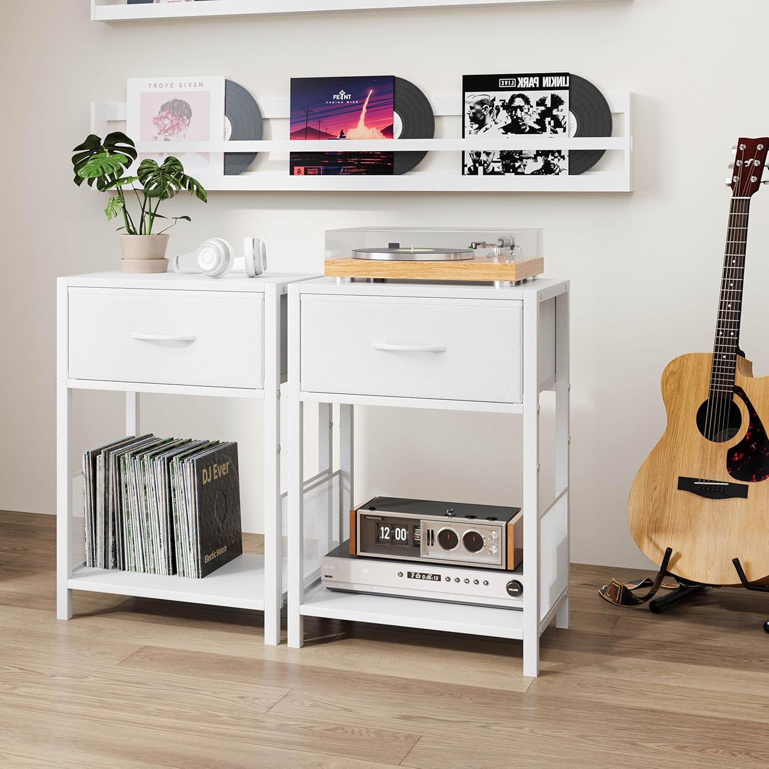 YAUKOMEL Nightstand Set of 2,End Table with Fabric Drawer,Side Table Set of 2,Storage Shelf,Bedside Table with Open Shelf,Sofa Table for Living Room,Bedroom,Small Space White CTG70W-2