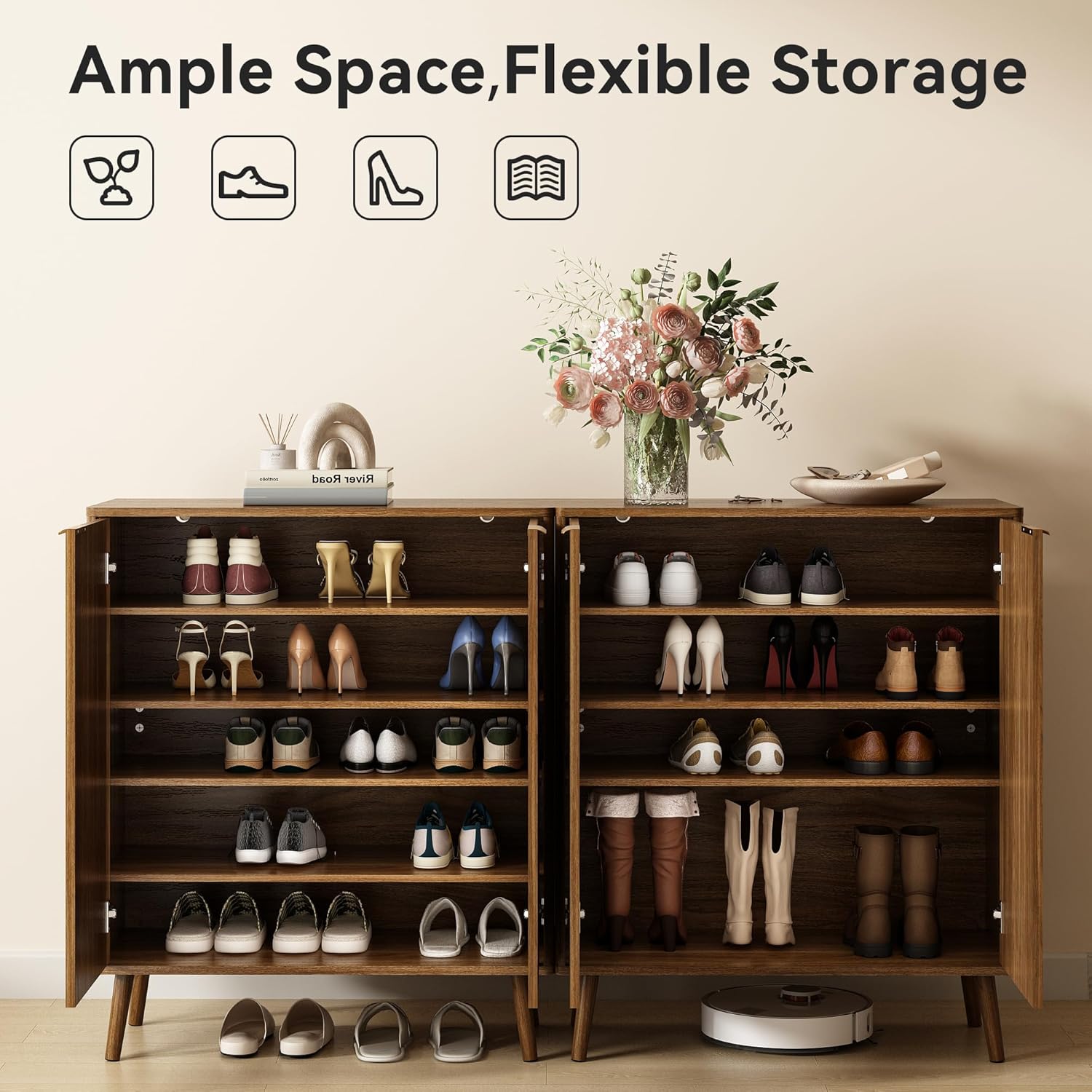Fluted Shoe Cabinet with Doors, 5-Tier Shoe Storage Cabinet with Adjustable Shelves, Wooden Freestanding Shoe Organizer Shoe Cabinet for Entryway,Hallway,Living Room, Natural Oak