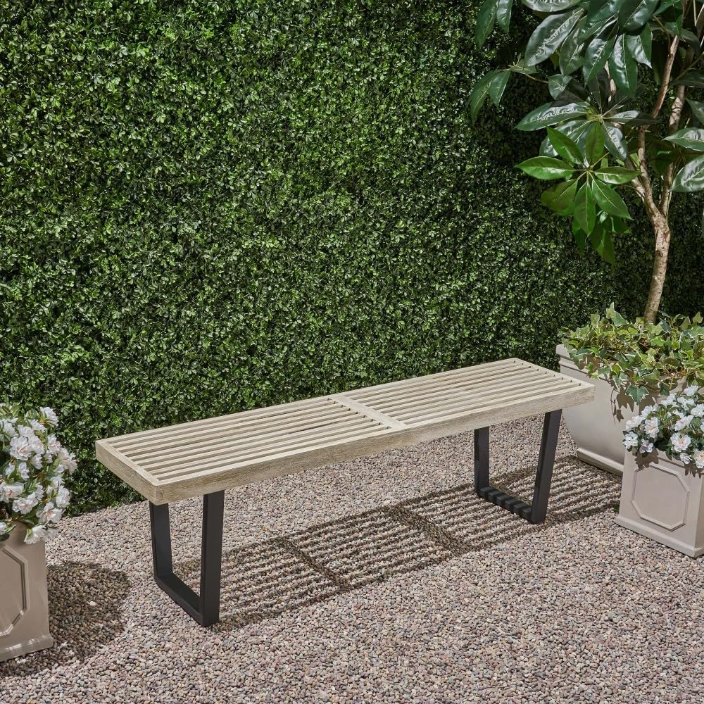 Outdoor Bench Seat, Metal and Solid Wood Garden Bench, Patio Bench, Park Bench for Porch Backyard Deck Lawn Garden Yard Outdoor Seating